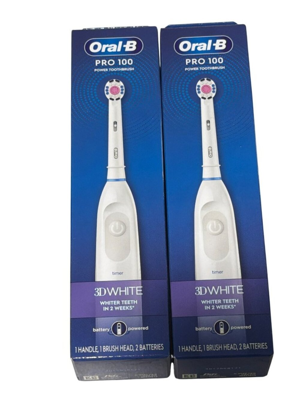 2 Pack Oral-B Pro 100 3D White Electric Toothbrush With Timer